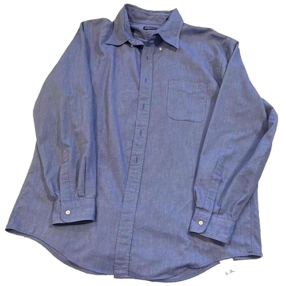 Lands' End Men's Blue Solid Dress Shirt 17.5-35 Button Front Pockets Regular
